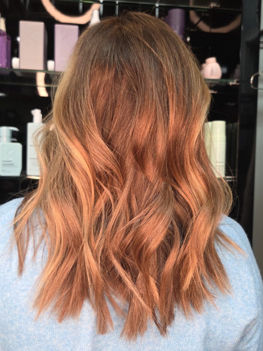 Dimensional highlights and lowlights with polished styling by Katie Rowe at K Bella Hair Studio in Brighton, MI
