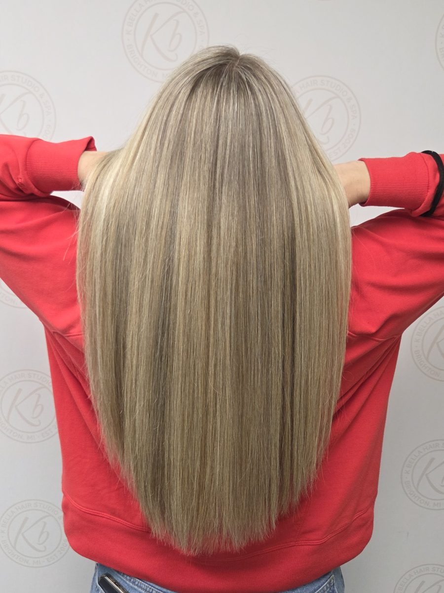 Dimensional highlights and lowlights by Katie Rowe at K Bella Hair Studio in Brighton, MI
