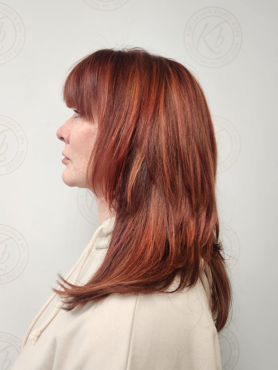 Dimensional highlights and lowlights with a fresh cut by Siobhan Rozinski at K Bella Hair Studio in Brighton, MI