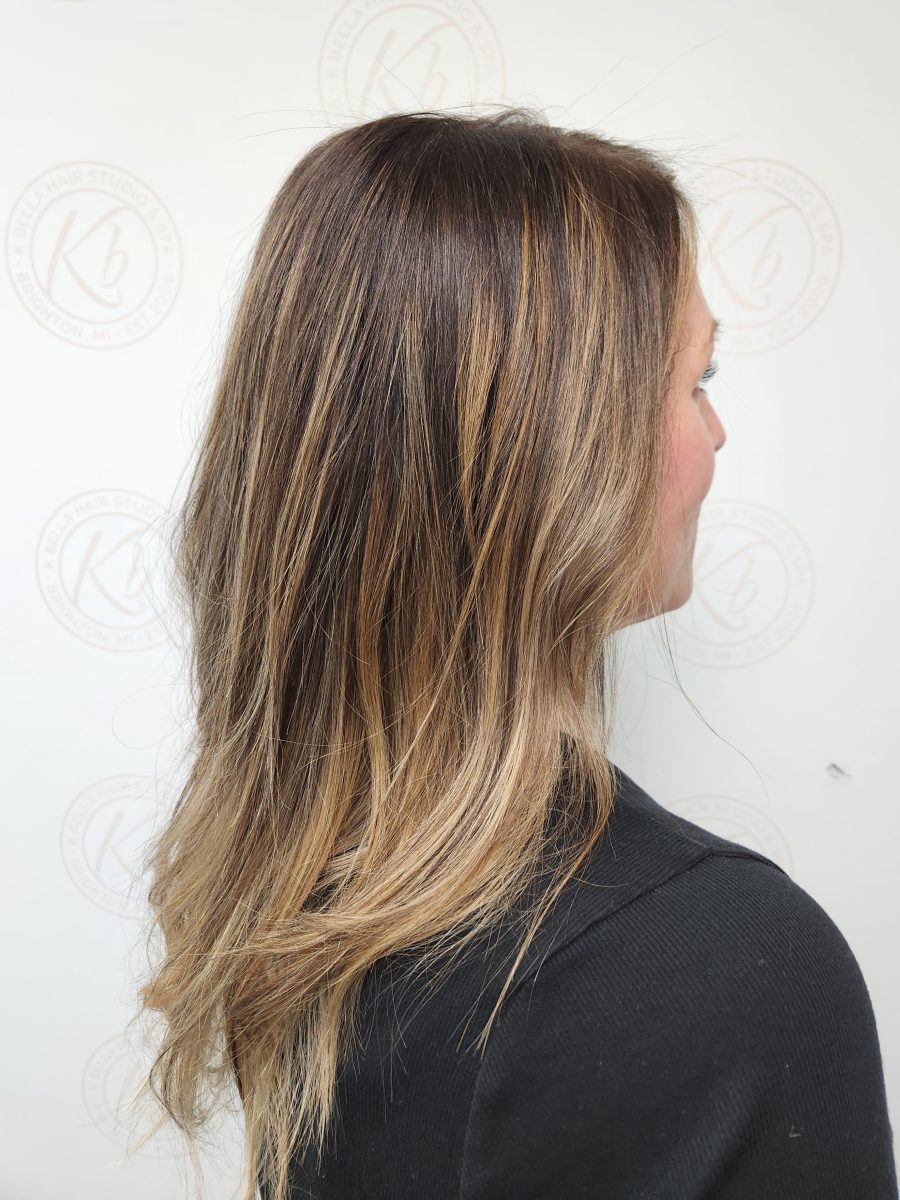 Sun-kissed balayage highlights with a fresh cut by Siobhan Rozinski at K Bella Hair Studio in Brighton, MI - after transformation
