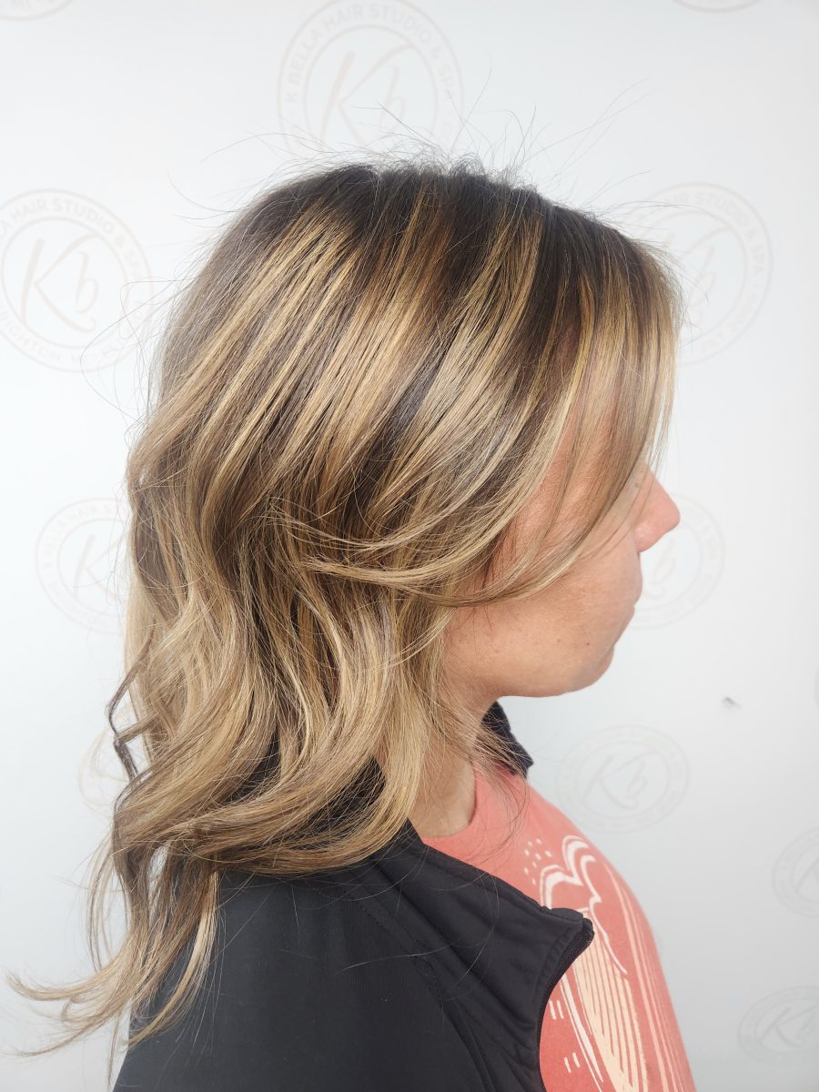 Sun-kissed balayage highlights with a fresh cut by Siobhan Rozinski at K Bella Hair Studio in Brighton, MI - after transformation