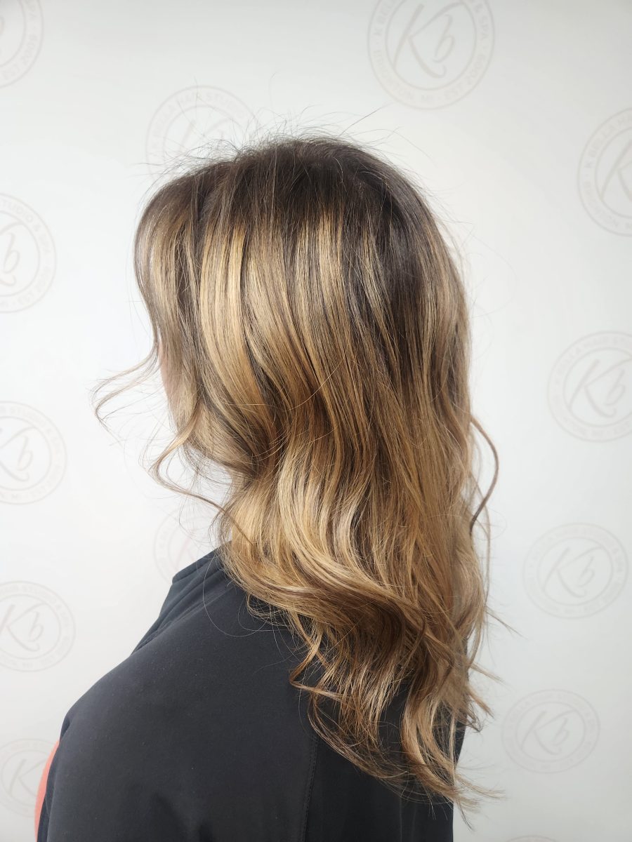 Sun-kissed balayage highlights with a fresh cut by Siobhan Rozinski at K Bella Hair Studio in Brighton, MI - after transformation
