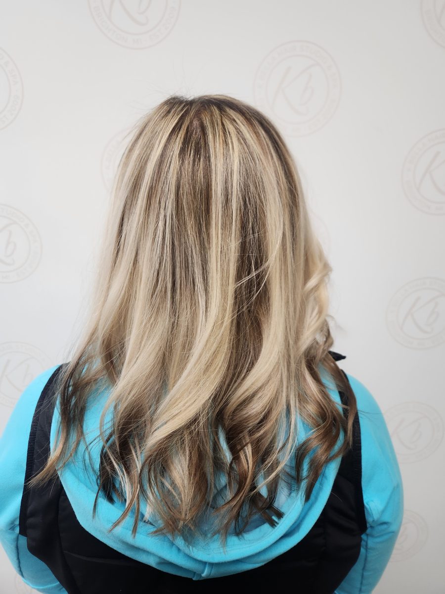 Sun-kissed balayage highlights with a fresh cut by Siobhan Rozinski at K Bella Hair Studio in Brighton, MI - after transformation