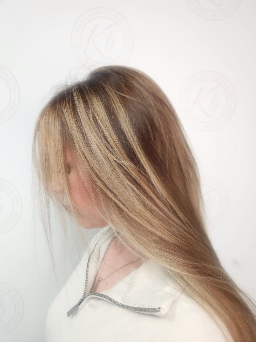 Sun-kissed balayage highlights with a fresh cut by Siobhan Rozinski at K Bella Hair Studio in Brighton, MI - after transformation