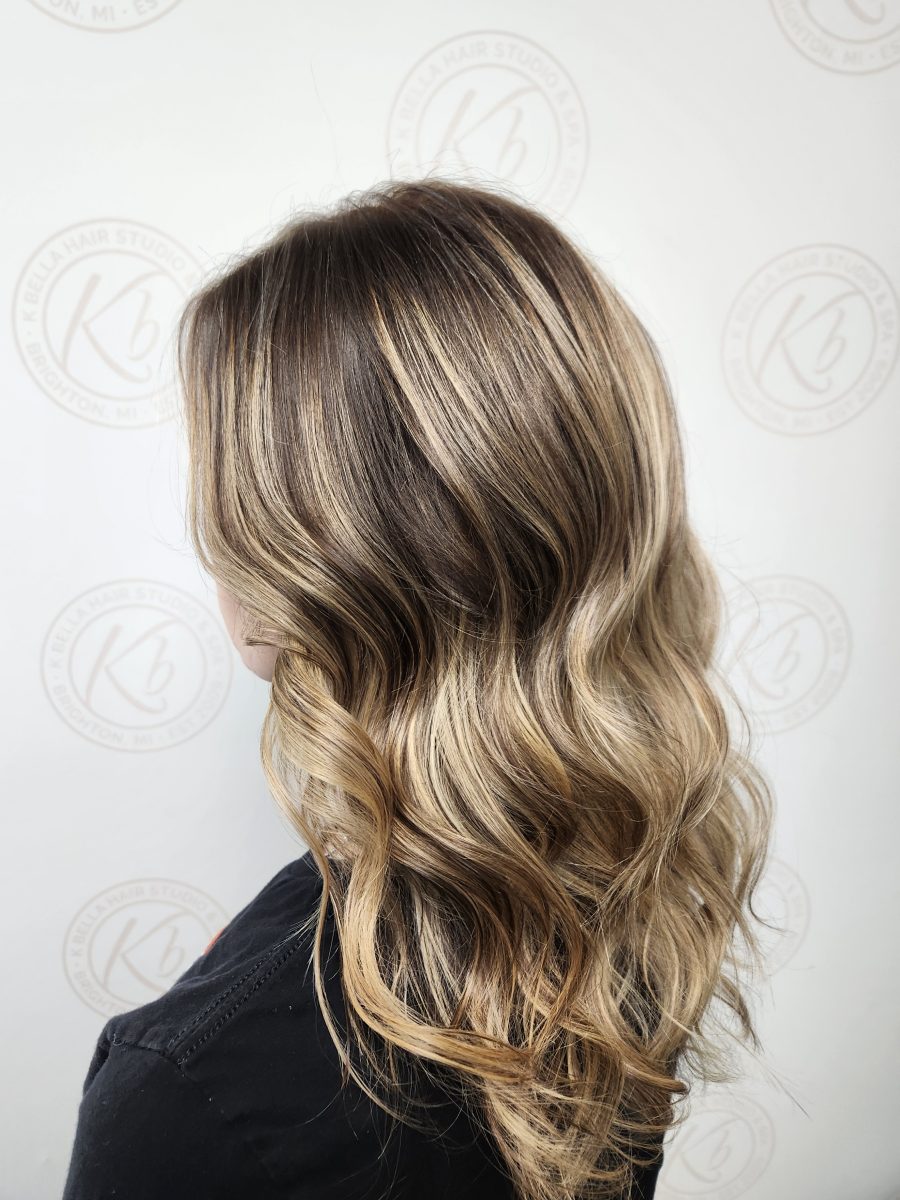 Sun-kissed balayage highlights with a fresh cut by Siobhan Rozinski at K Bella Hair Studio in Brighton, MI - after transformation