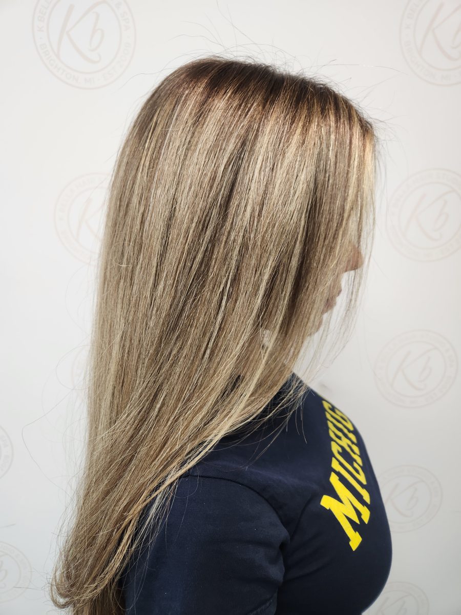 Sun-kissed balayage highlights with a fresh cut by Siobhan Rozinski at K Bella Hair Studio & Spa in Brighton, MI - after transformation
