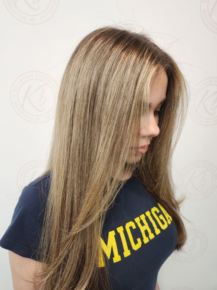 Sun-kissed balayage highlights with a fresh cut by Siobhan Rozinski at K Bella Hair Studio & Spa in Brighton, MI