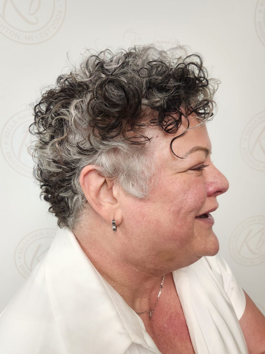 Precision Funky cut/color curls with rich custom color by Siobhan Rozinski at K Bella Hair Studio & Spa in Brighton, MI
