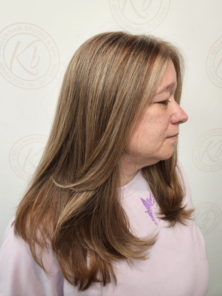 Precision Gray blending & haircut with rich custom color by Siobhan Rozinski at K Bella Hair Studio & Spa in Brighton, MI