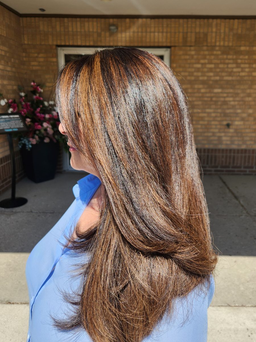 Sun-kissed balayage highlights with a fresh cut by Siobhan Rozinski at K Bella Hair Studio & Spa in Brighton, MI - after transformation