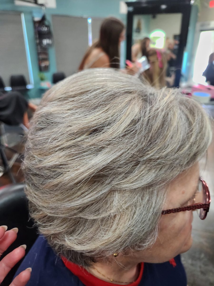 Precision Gray blending/layered shaping cut with rich custom color by Siobhan Rozinski at K Bella Hair Studio & Spa in Brighton, MI - after transformation