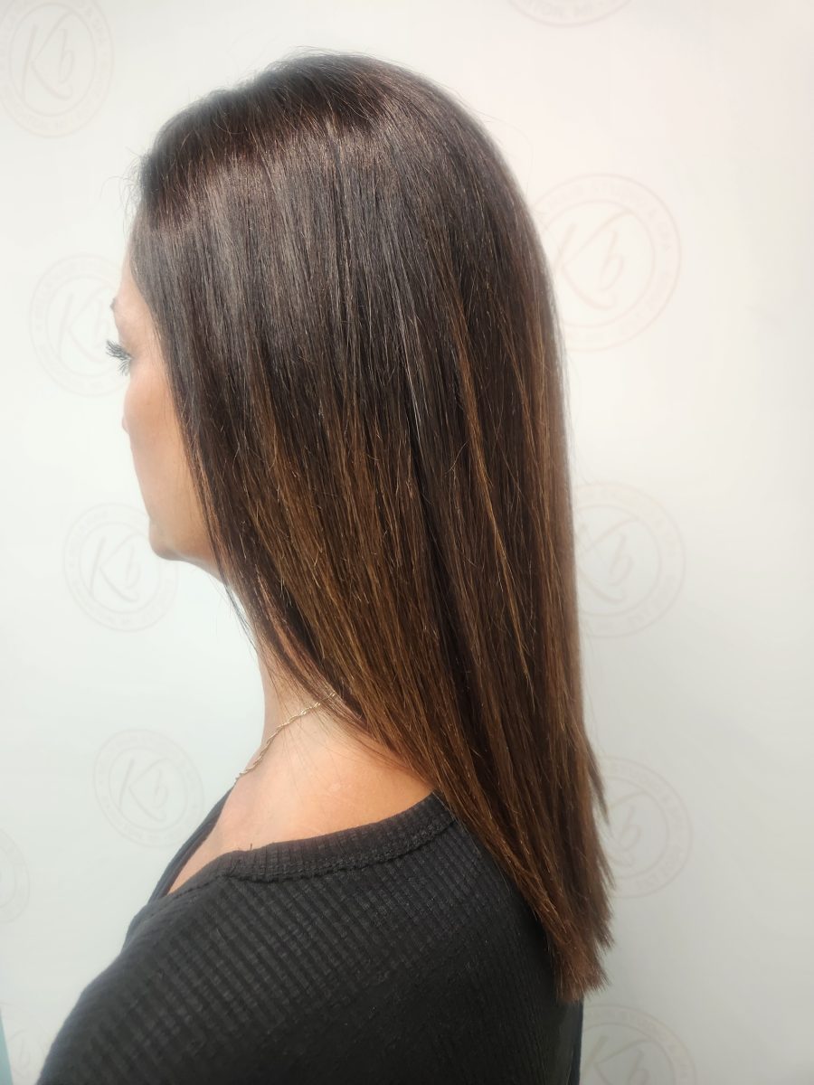 Keratin treatment results showing smooth, healthy hair by Siobhan Rozinski at K Bella Hair Studio & Spa in Brighton, MI - after transformation