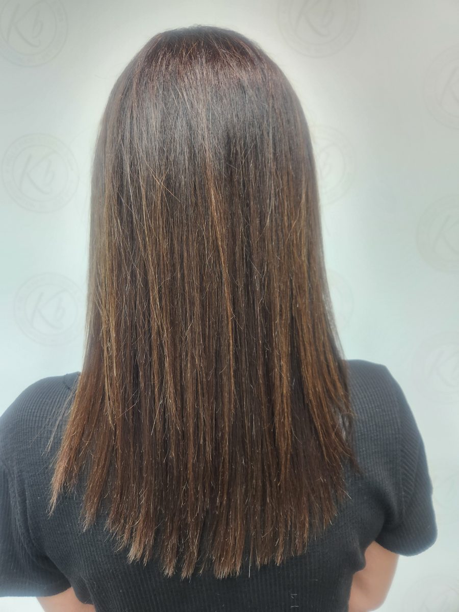Keratin treatment results showing smooth, healthy hair by Siobhan Rozinski at K Bella Hair Studio & Spa in Brighton, MI - after transformation