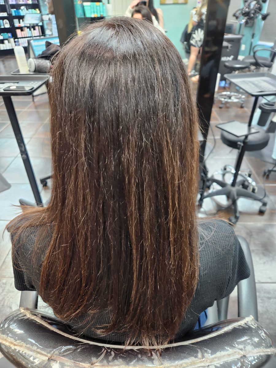 Permanent straightner before treatment by Siobhan Rozinski at K Bella Hair Studio & Spa in Brighton, MI