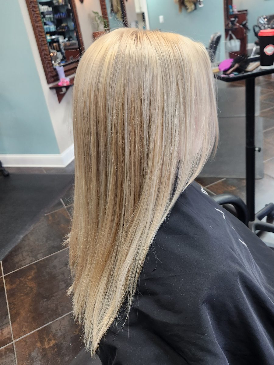 Custom Blonding/going platinum with color-correction work by Siobhan Rozinski at K Bella Hair Studio & Spa in Brighton, MI - after transformation