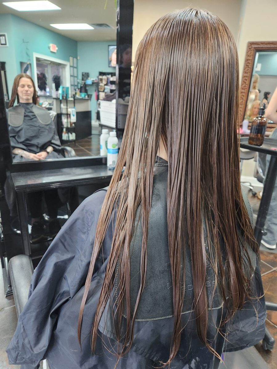 Before: Keratin treatment results showing smooth, healthy hair with a fresh cut by Siobhan Rozinski at K Bella Hair Studio & Spa in Brighton, MI - after transformation