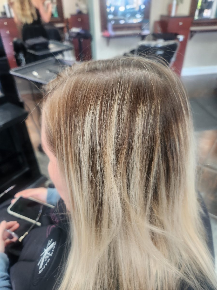 Rooty balayage refresh & cut before treatment by Siobhan Rozinski at K Bella Hair Studio & Spa in Brighton, MI