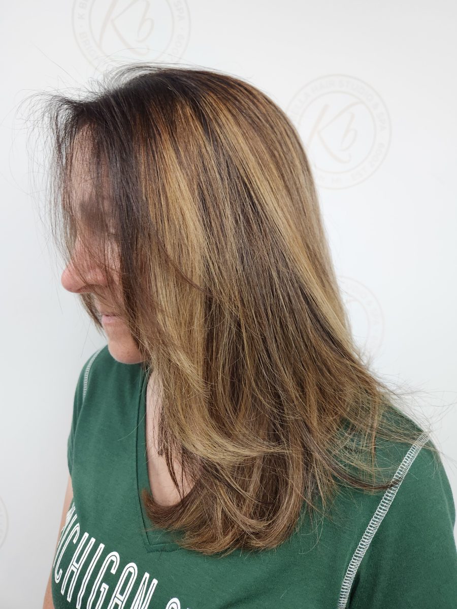 Sun-kissed balayage highlights with fresh root touch-up by Siobhan Rozinski at K Bella Hair Studio & Spa in Brighton, MI - after transformation