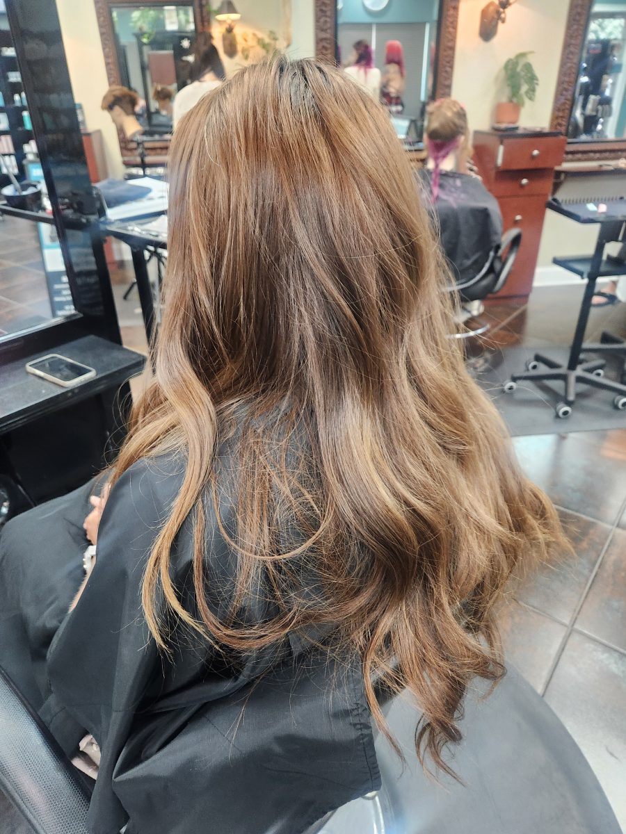 Long hair from behind in studio lighting showing existing balayage and texture by Siobhan Rozinski at K Bella Hair Studio & Spa in Brighton, MI