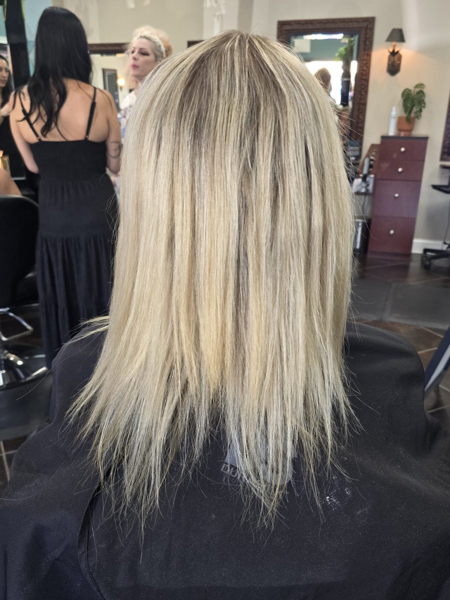 Before: Dimensional highlights and lowlights with seamless extensions by Kristan Sayers at K Bella Hair Studio & Spa in Brighton, MI - after transformation