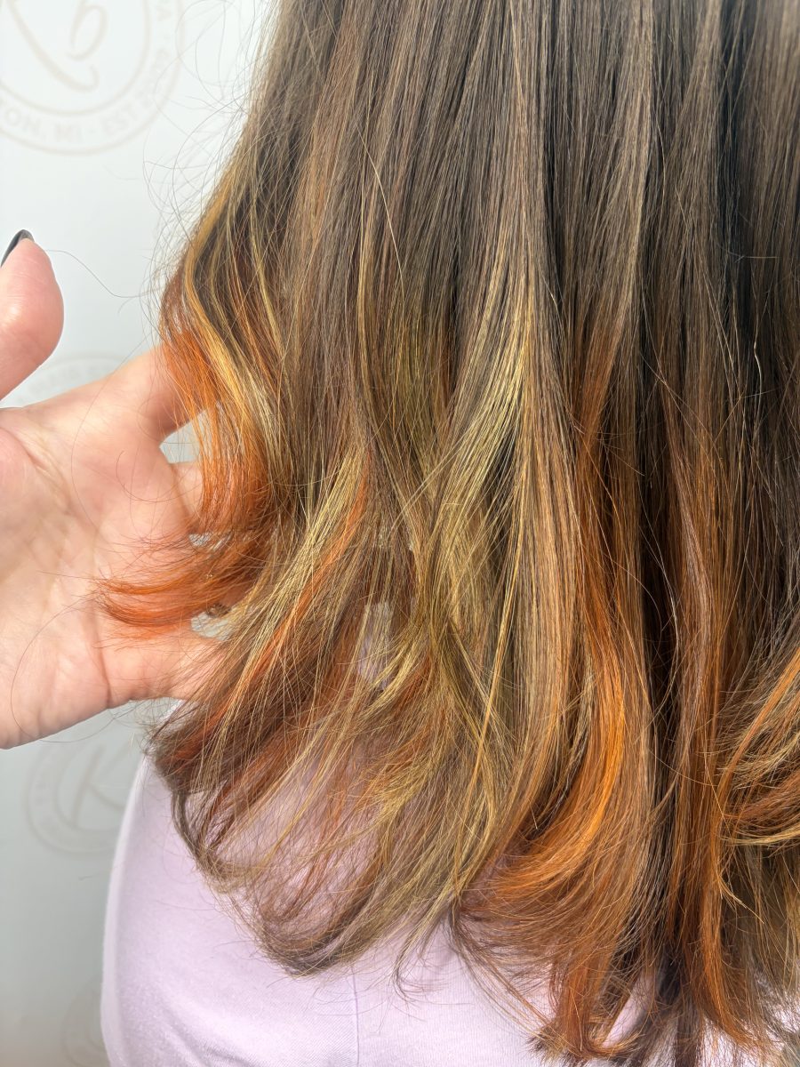 Dimensional highlights and lowlights with a fresh cut by Abbey French at K Bella Hair Studio & Spa in Brighton, MI