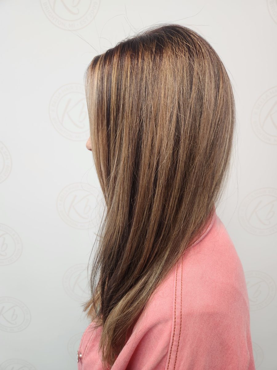 Sun-kissed balayage highlights by Siobhan Rozinski at K Bella Hair Studio & Spa in Brighton, MI - after transformation