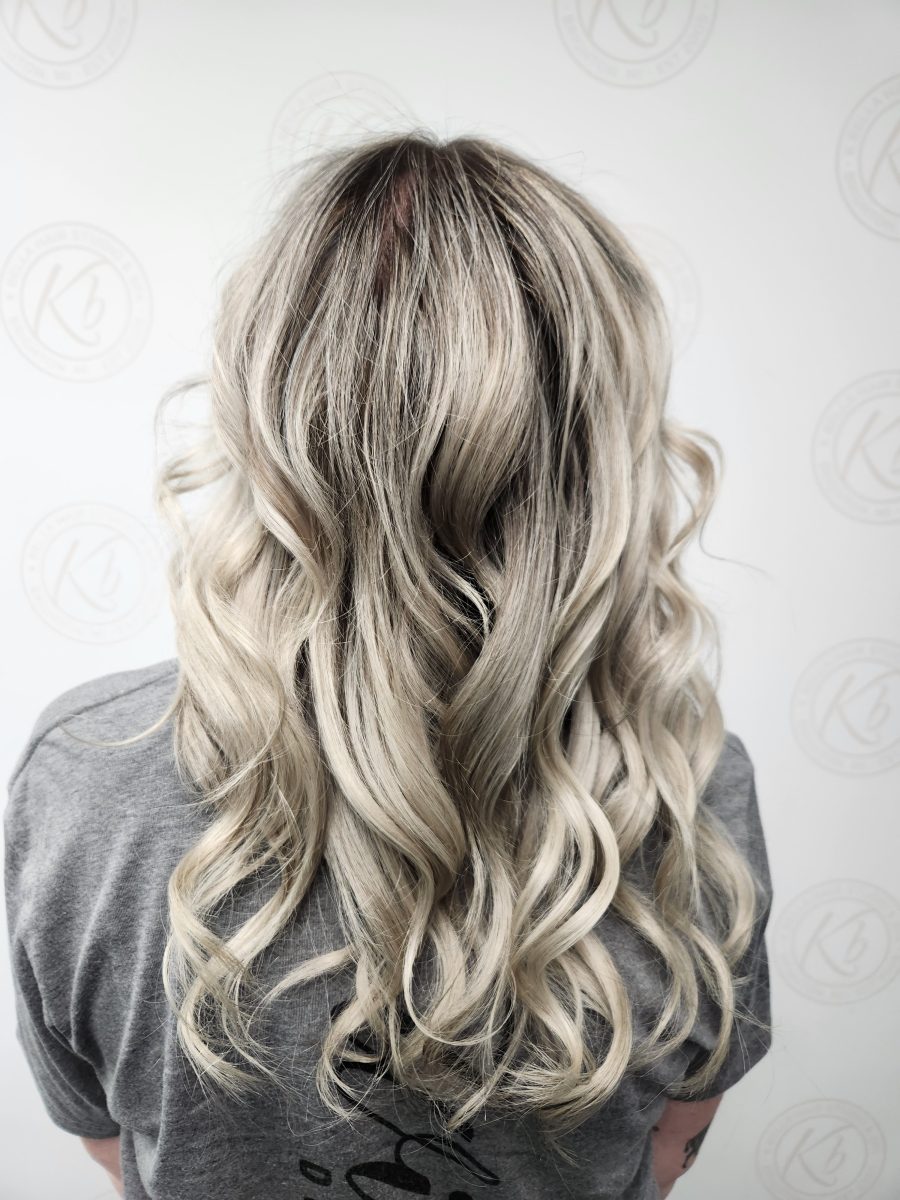 Sun-kissed balayage highlights with fresh root touch-up by Siobhan Rozinski at K Bella Hair Studio & Spa in Brighton, MI - after transformation