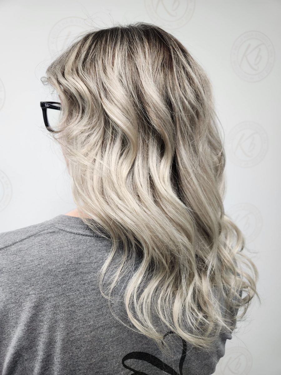 Sun-kissed balayage highlights with fresh root touch-up by Siobhan Rozinski at K Bella Hair Studio & Spa in Brighton, MI - after transformation