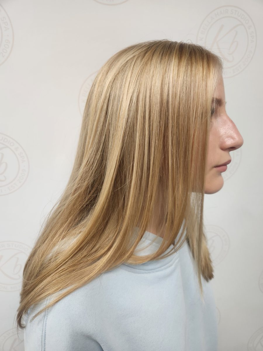 Dimensional highlights and lowlights with a fresh cut by Siobhan Rozinski at K Bella Hair Studio & Spa in Brighton, MI - after transformation