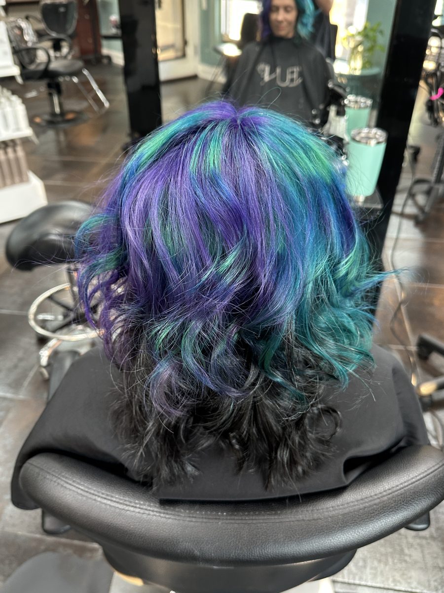 Custom Partial vivid application, split dye with peacock colored prisms accented with vivid color by Liberty Greenwood at K Bella Hair Studio & Spa in Brighton, MI - after transformation