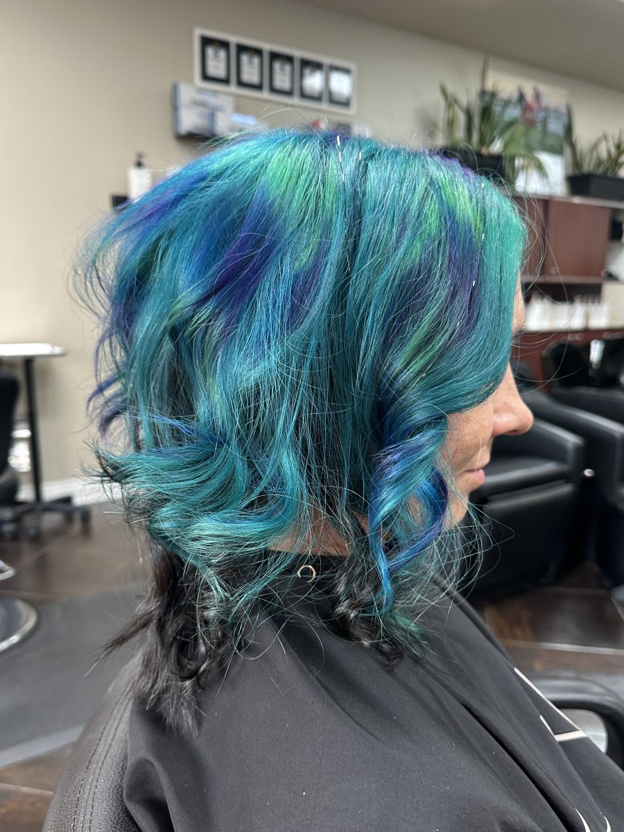 Custom Partial vivid application, split dye with peacock colored prisms accented with vivid color by Liberty Greenwood at K Bella Hair Studio & Spa in Brighton, MI - after transformation