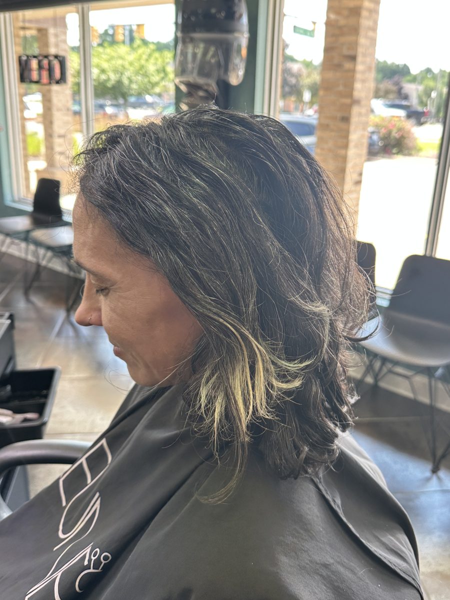 Partial vivid application, split dye with peacock colored prisms before treatment by Liberty Greenwood at K Bella Hair Studio & Spa in Brighton, MI