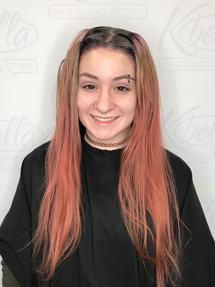 Pink Ombre before treatment by Rochelle Morris at K Bella Hair Studio in Brighton, MI