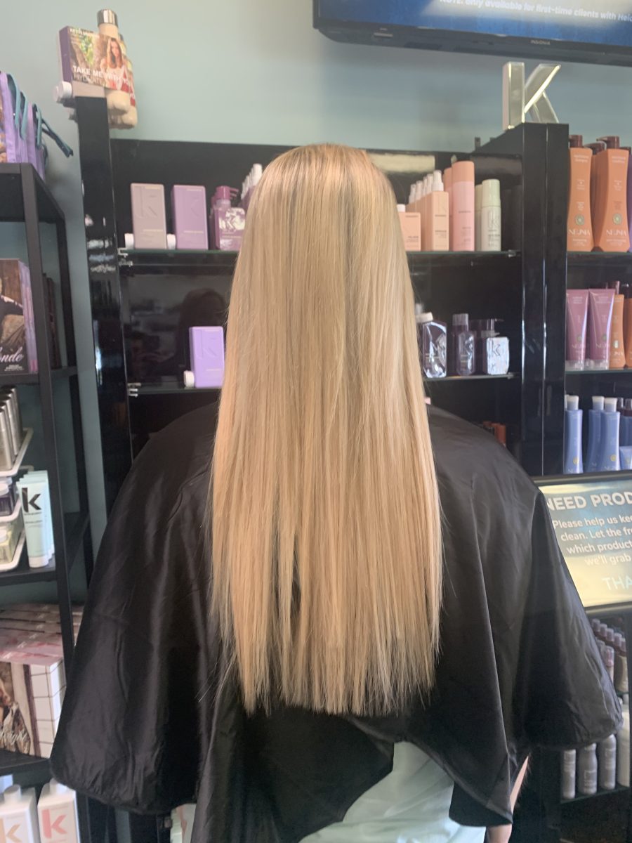 Seamless hair extensions adding length and volume by Brittney Holstege at K Bella Hair Studio in Brighton, MI - after transformation