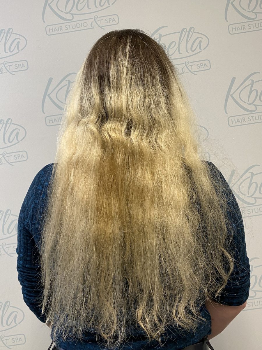 Vivid Prism Hair Color before treatment by Rochelle Morris at K Bella Hair Studio in Brighton, MI