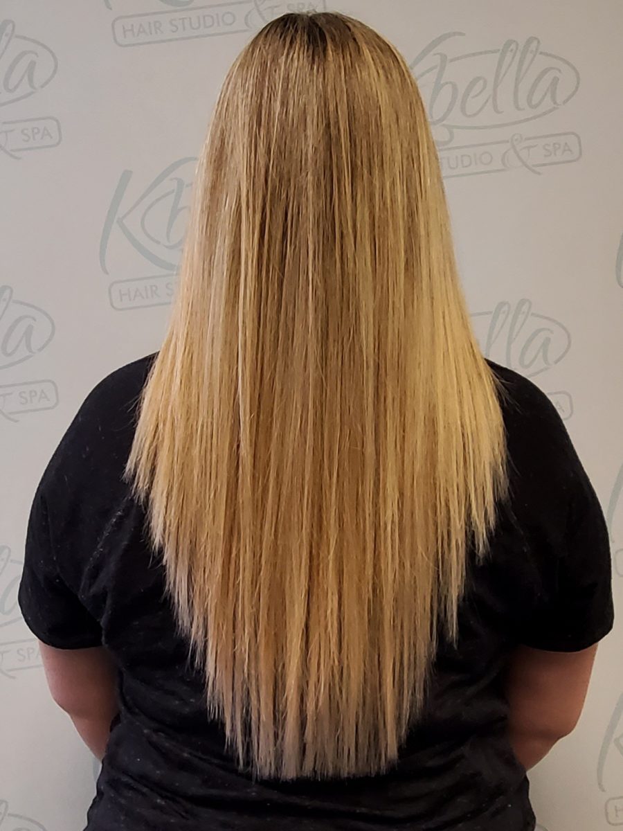 Seamless hair extensions adding length and volume by Kristan Sayers at K Bella Hair Studio in Brighton, MI - after transformation