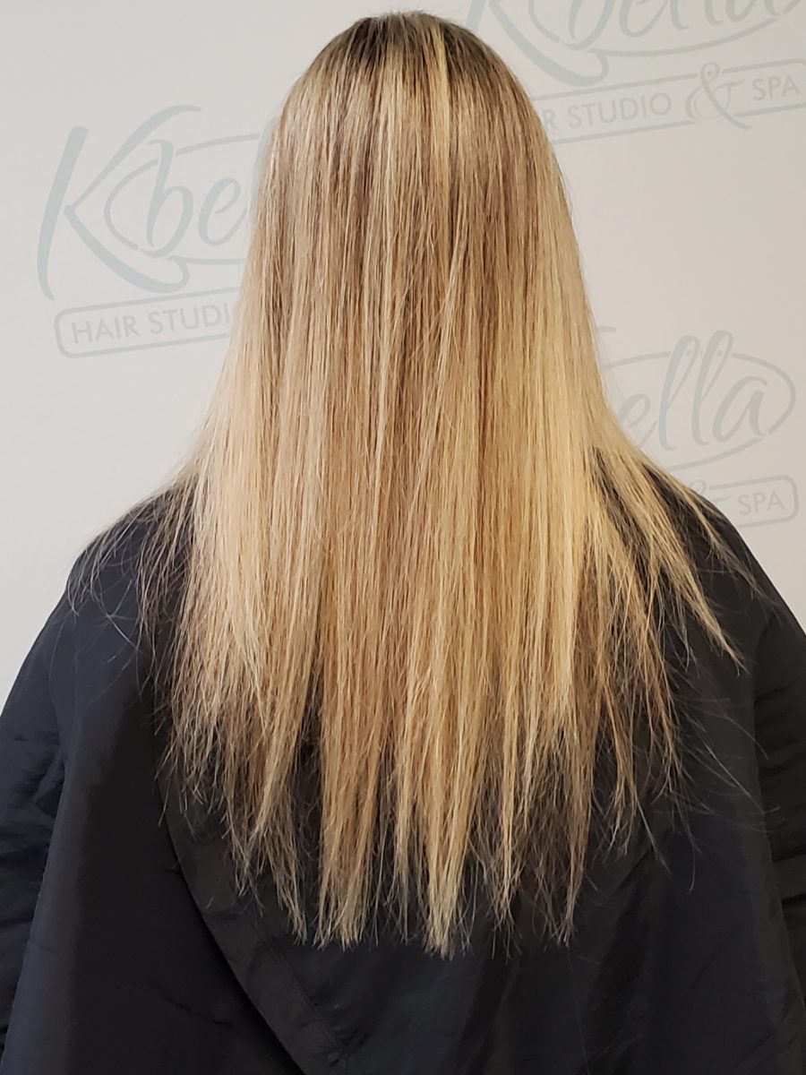 Before & After Hair Extensions before treatment by Kristan Sayers at K Bella Hair Studio in Brighton, MI