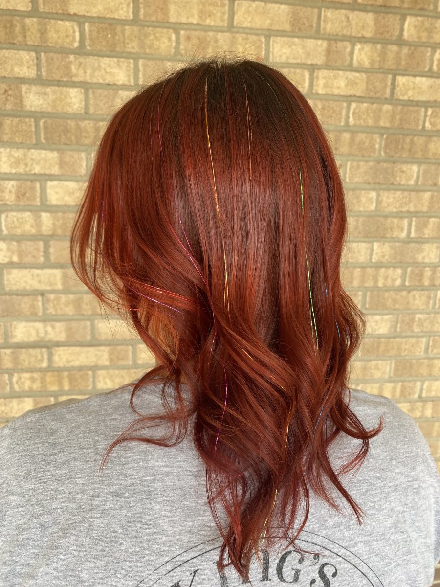 Hand-tied hair tinsel accents by Allison Bowsher at K Bella Hair Studio in Brighton, MI