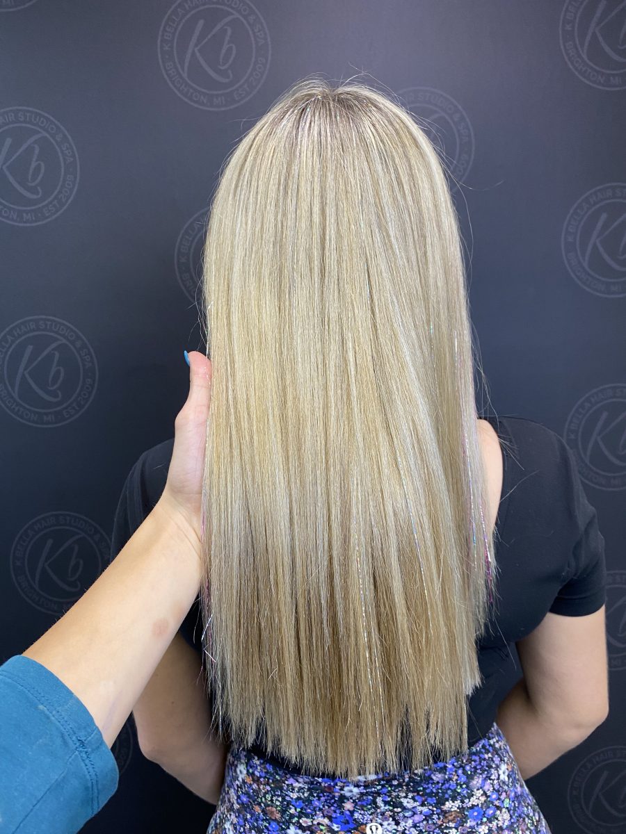 Dimensional highlights and lowlights by Kameryn Bell at K Bella Hair Studio in Brighton, MI - after transformation