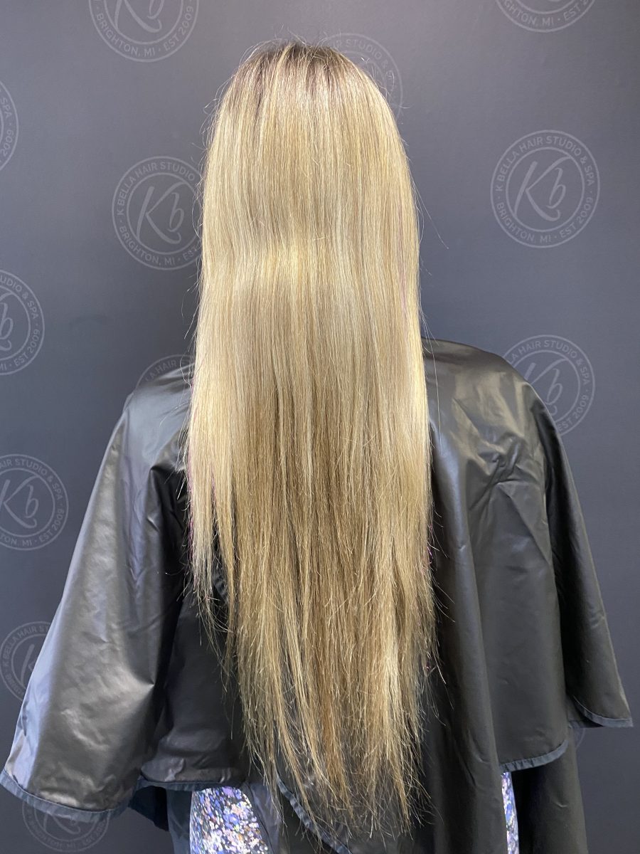Haircut & Full highlight before treatment by Kameryn Bell at K Bella Hair Studio in Brighton, MI