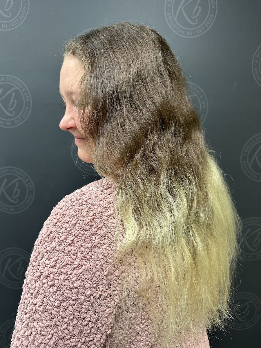 Vivid Prism Color before treatment by Rochelle Morris at K Bella Hair Studio in Brighton, MI