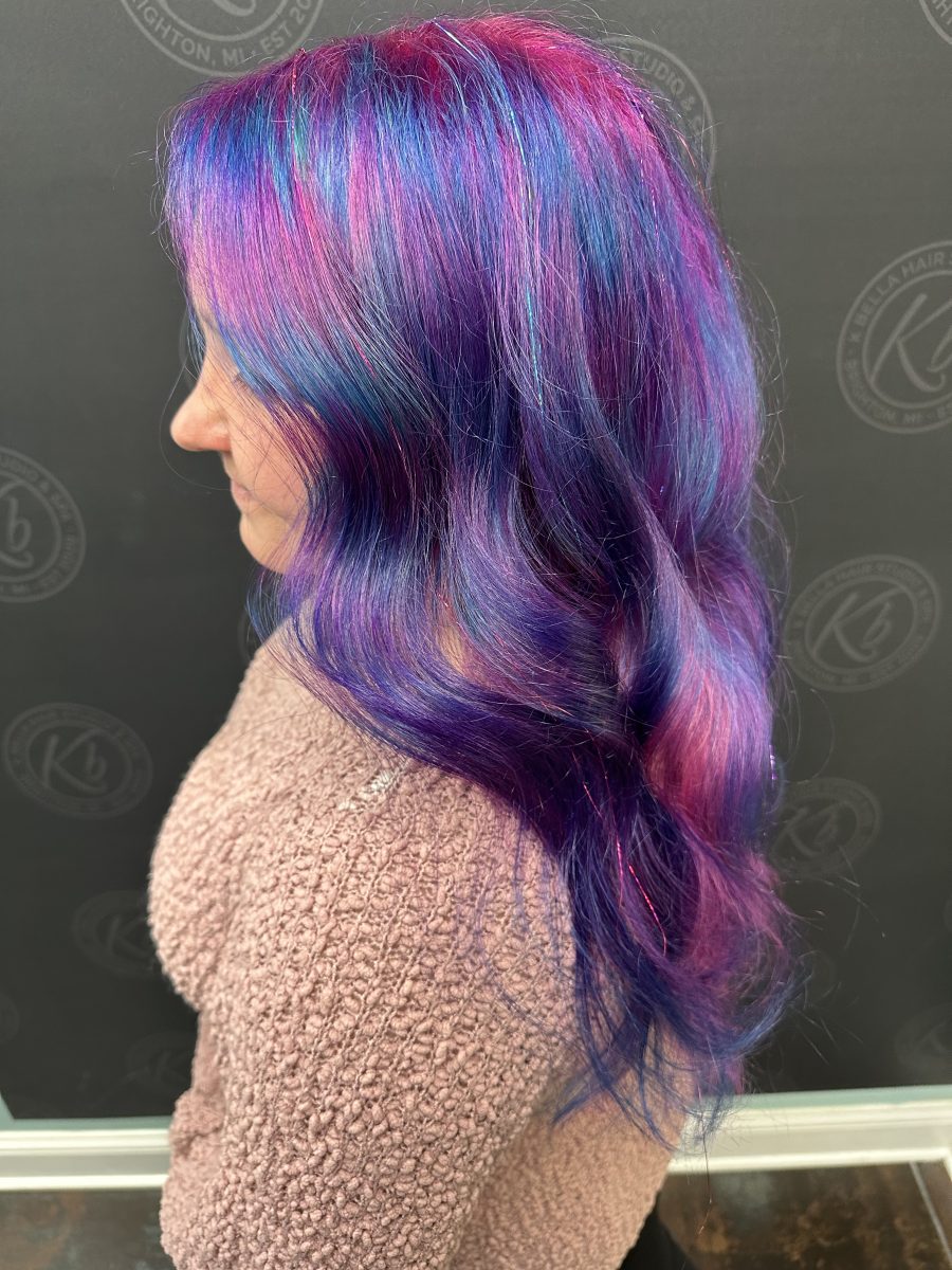 Vivid fashion hair color with rich custom color by Rochelle Morris at K Bella Hair Studio in Brighton, MI