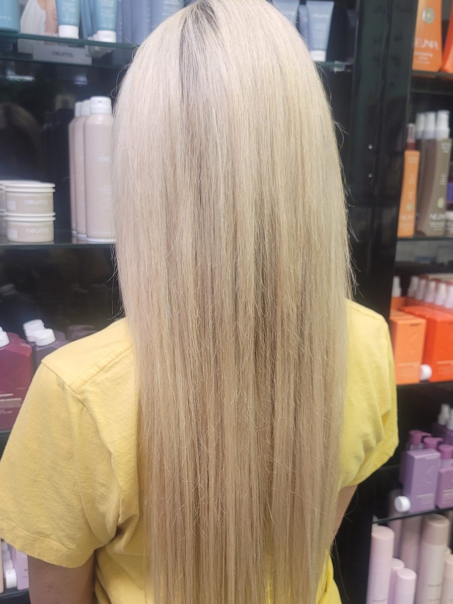 Seamless hair extensions adding length and volume by Kristan Sayers at K Bella Hair Studio in Brighton, MI - after transformation