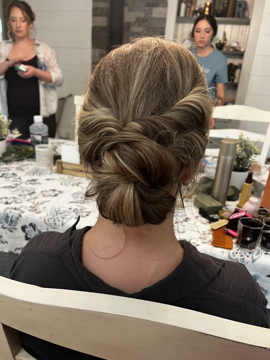 Bridal updo hairstyle for wedding day by Raquel Vettese at K Bella Hair Studio in Brighton, MI