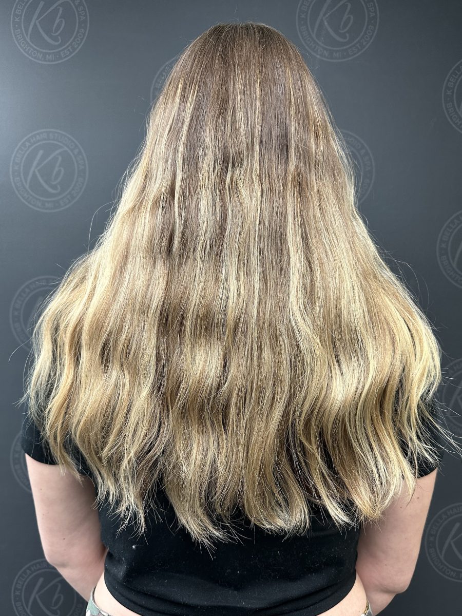 Sun-kissed balayage highlights by Rochelle Morris at K Bella Hair Studio in Brighton, MI - after transformation