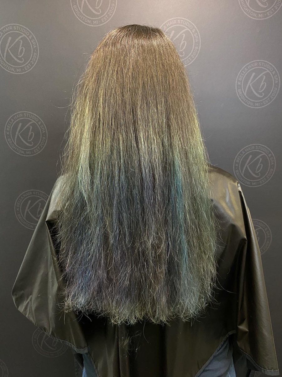 Vivid Foilayage before treatment by Kameryn Bell at K Bella Hair Studio in Brighton, MI