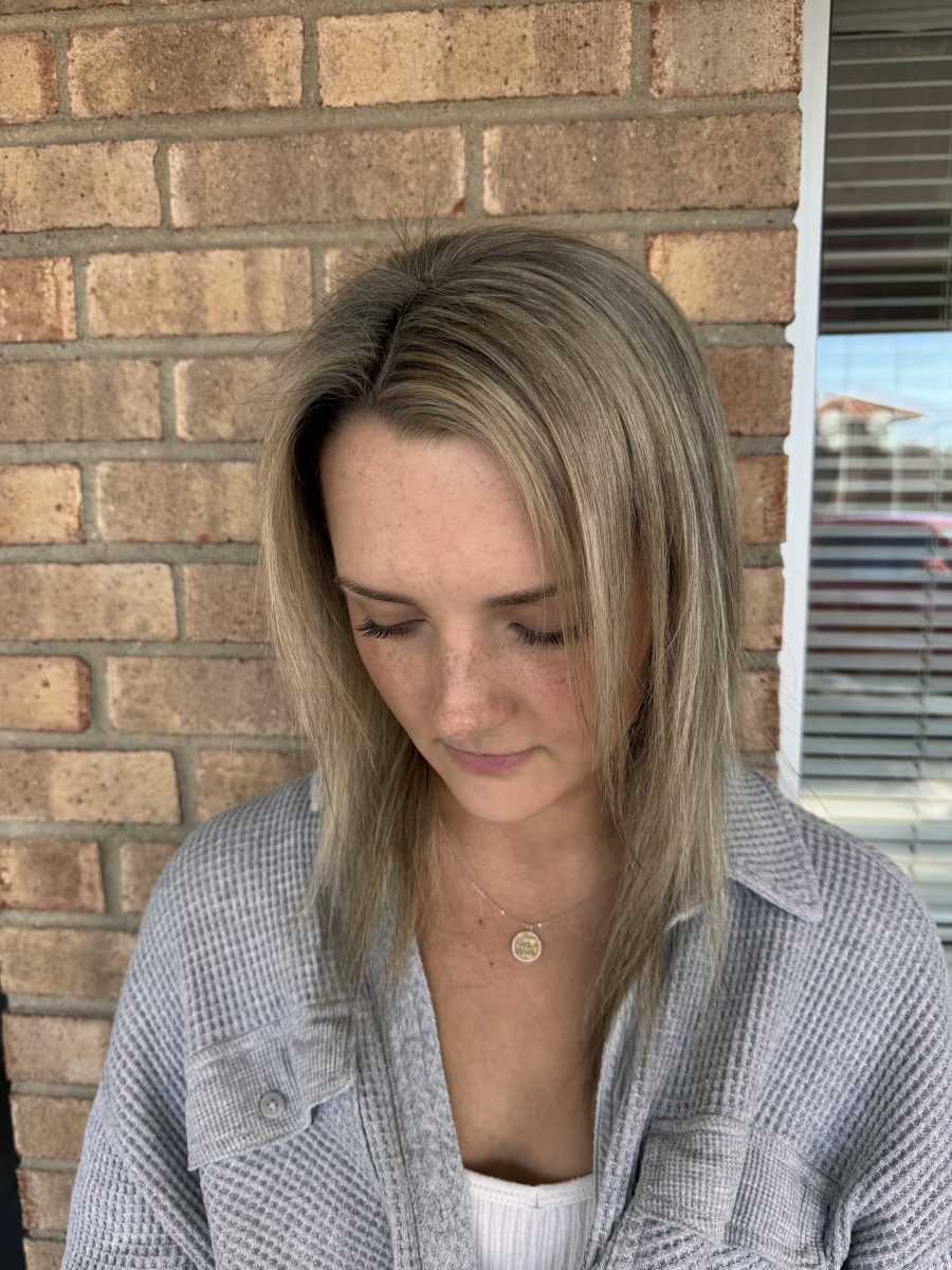 Blonde highlights & Fusion Classic K-Tip Hair Extensions before treatment by Kristan Sayers at K Bella Hair Studio in Brighton, MI