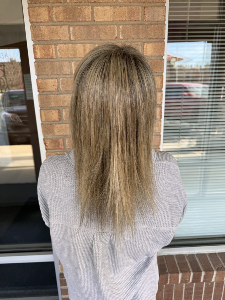 Blonde highlights & Fusion Classic K-Tip Hair Extensions before treatment by Kristan Sayers at K Bella Hair Studio in Brighton, MI