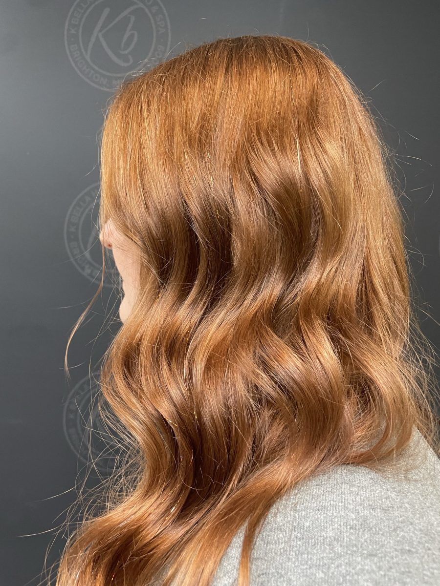 Hand-tied hair tinsel accents by Kristan Sayers at K Bella Hair Studio in Brighton, MI
