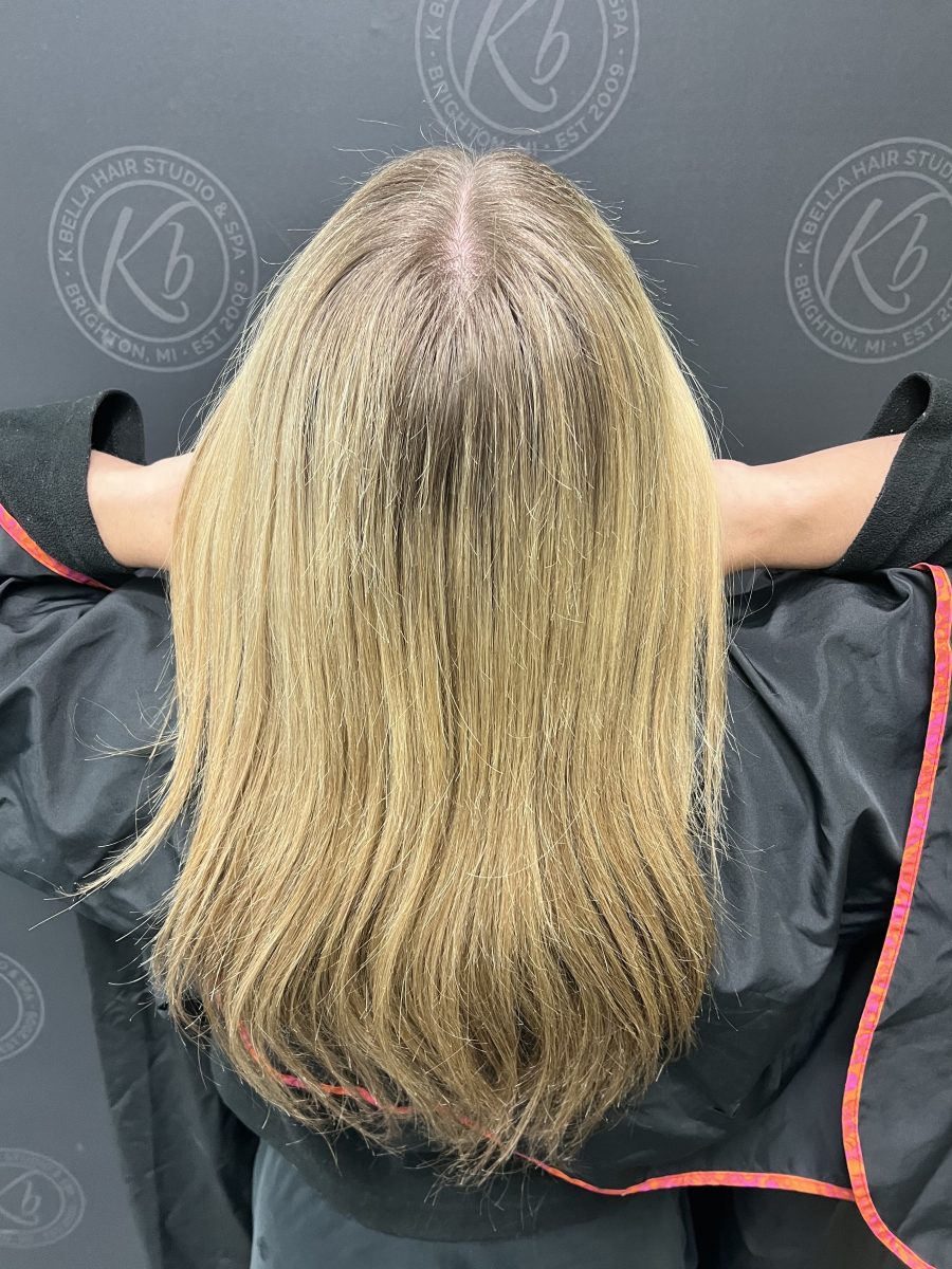 Full Head highlight & Bellami Weft before treatment by Raelynn Haan at K Bella Hair Studio in Brighton, MI